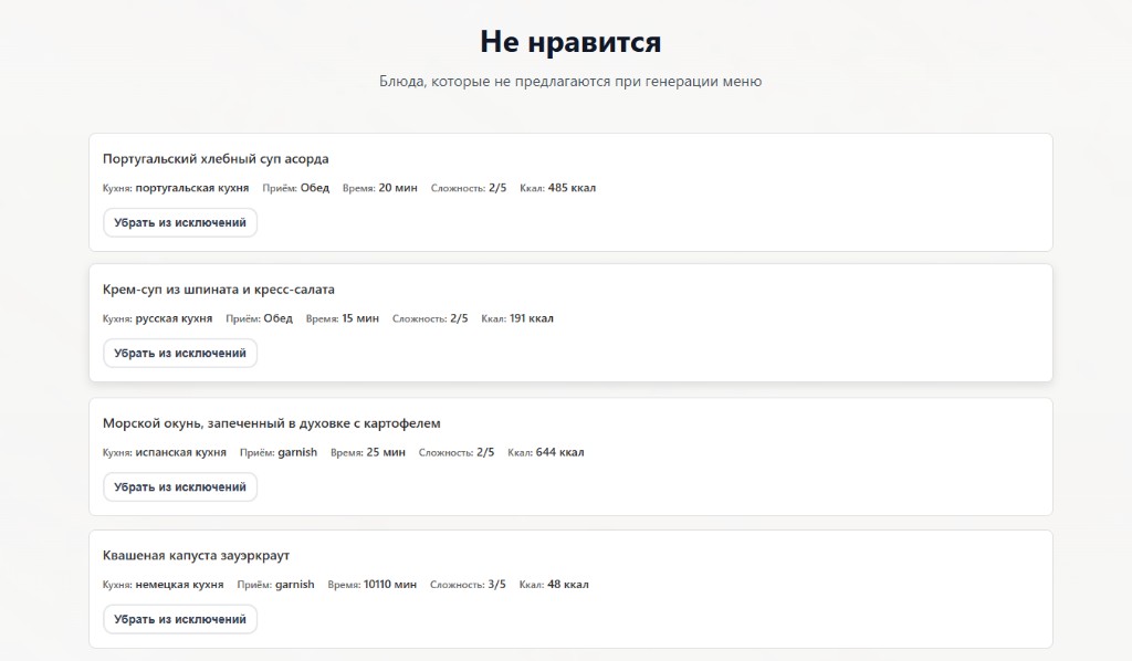 Список исключений «Не нравится»: блюда, которые не предлагаются при генерации