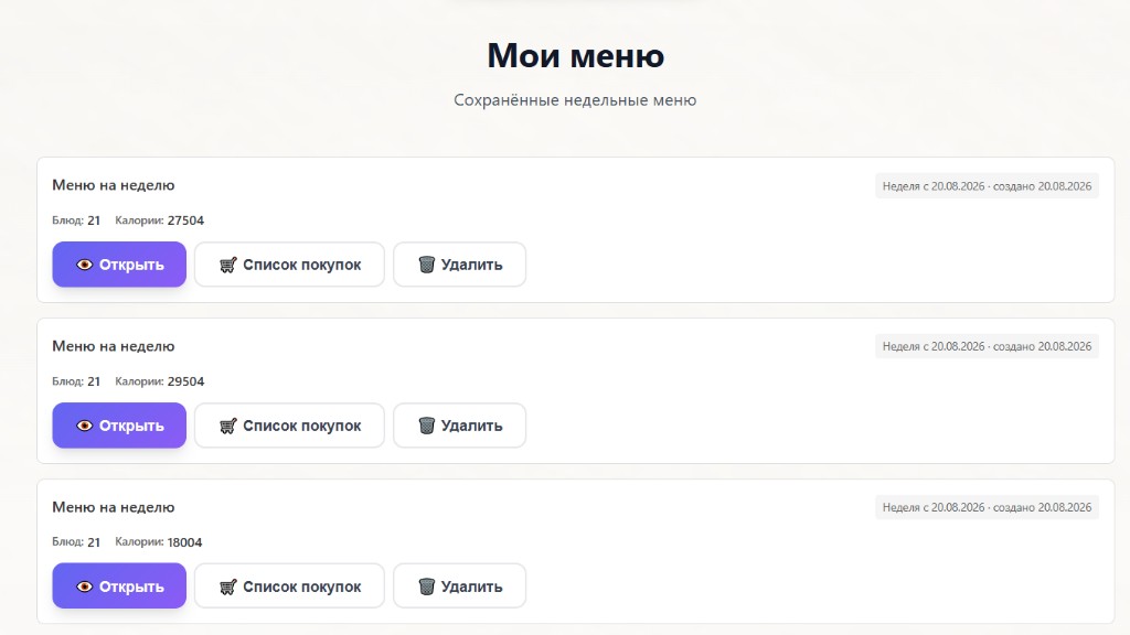 Раздел «Мои меню»: сохранённые недельные меню с кнопками открыть и список покупок